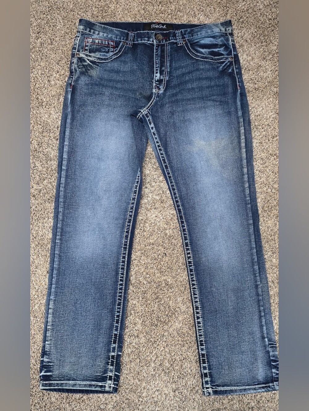 True Luck Men’s Embroidered Straight Jeans 36x32 Dark Wash Y2K